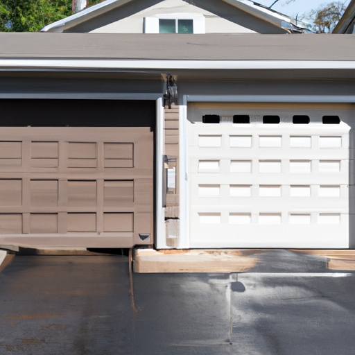Suburban Teaneck driveway showing a closed modern garage door on a wet day, tracks and opener visible inside.