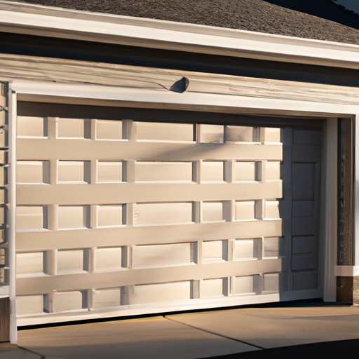Residential garage door on a Teaneck, NJ home at dusk, clean panels and driveway visible, no people.