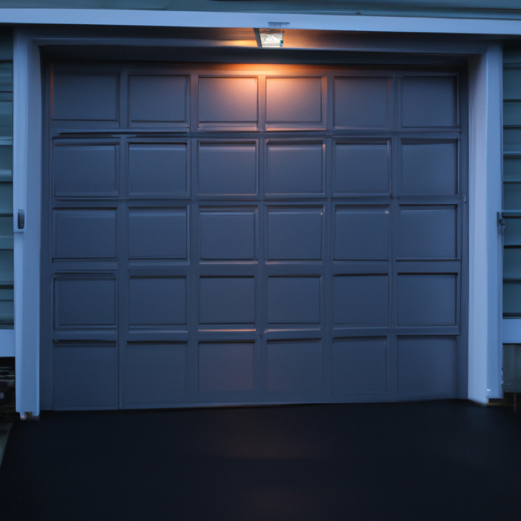 A modern suburban garage door partially closed at dusk in Teaneck, New Jersey with safety sensors visible