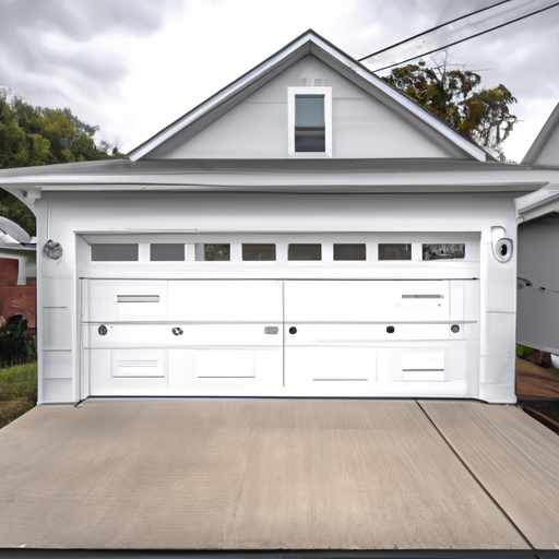 Suburban Teaneck garage with closed insulated steel door, driveway and overcast sky, editorial style.