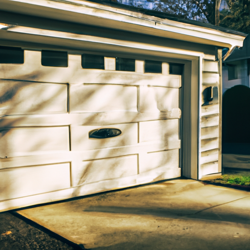 Suburban Teaneck garage with visible insulated garage door and new weather seal in morning light.