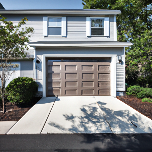 Suburban Teaneck home with a modern steel sectional garage door, driveway, and trimmed hedges in daylight.