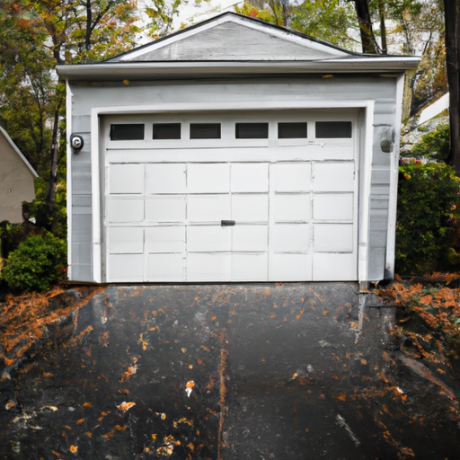 Suburban Teaneck driveway with a modern steel garage door on a closed two-car garage, wet pavement and autumn trees visible.