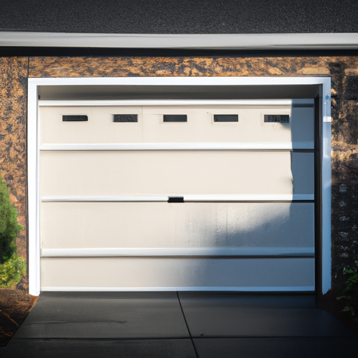 Modern residential garage door on a Teaneck, NJ home with clean driveway and trimmed hedges, early morning light.