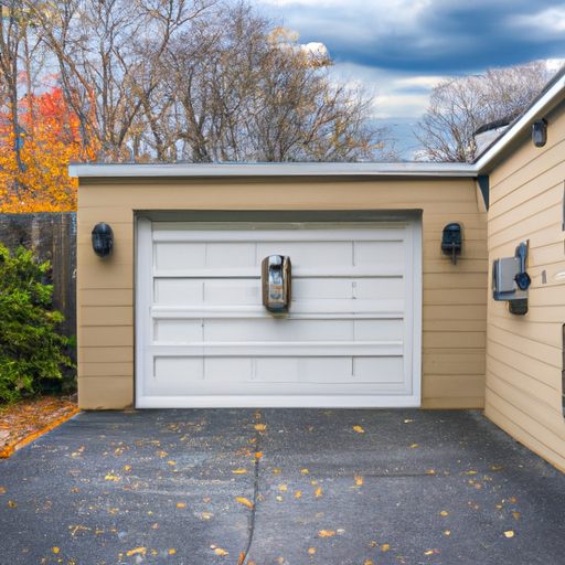 Suburban Teaneck garage with a modern sectional door and visible smart keypad and controller, autumn light.