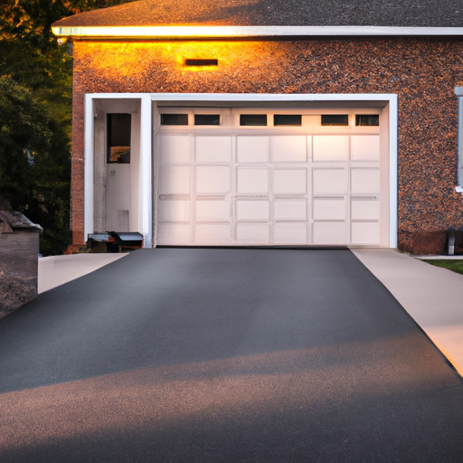 Suburban Teaneck driveway with a modern garage door slightly open at golden hour, showing door panels and opener area.