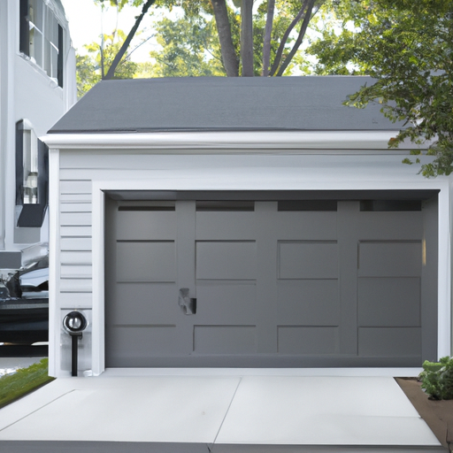Contemporary two-car garage in Teaneck, NJ with a visible smart keypad and modern steel garage door.