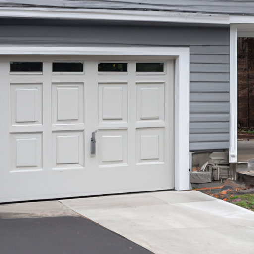 Modern sectional garage door partially open on a suburban Teaneck driveway, showing hardware and trim.