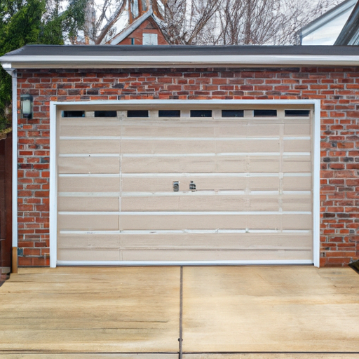 Insulated steel garage door on a Teaneck brick home driveway showing panels and weather seals.