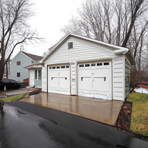 Insulated sectional garage door on a suburban Teaneck home with light snow and overcast sky