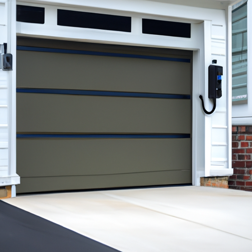 Suburban Teaneck garage with modern sectional door and visible smart keypad and Wi‑Fi module, exterior view.