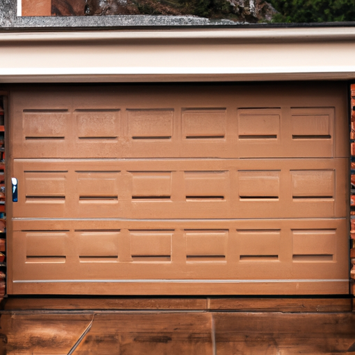 Suburban Teaneck driveway with a closed textured steel garage door and wet pavement after rain.