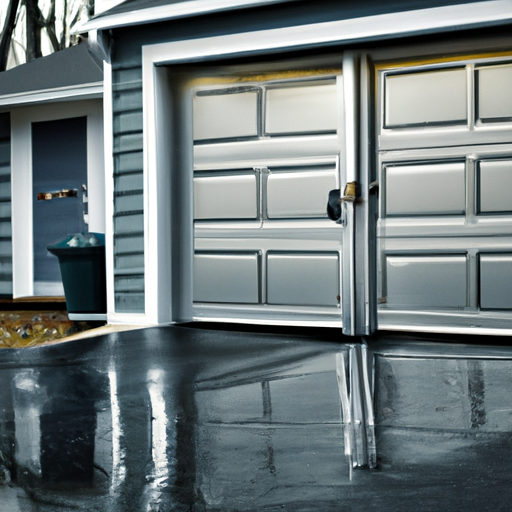 Suburban Teaneck two-car garage with a steel paneled door partially open on a wet driveway