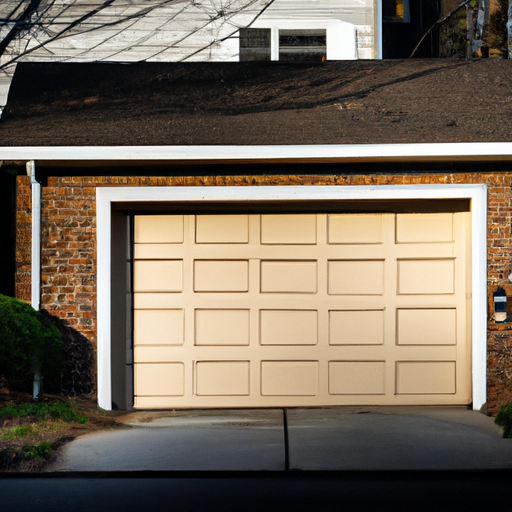 Suburban Teaneck home with a closed residential garage door visible, early morning light and clean surroundings.