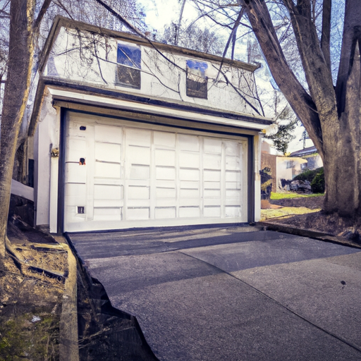 Modern insulated garage door on a suburban Teaneck, NJ house with visible weather seal and driveway in late-winter light