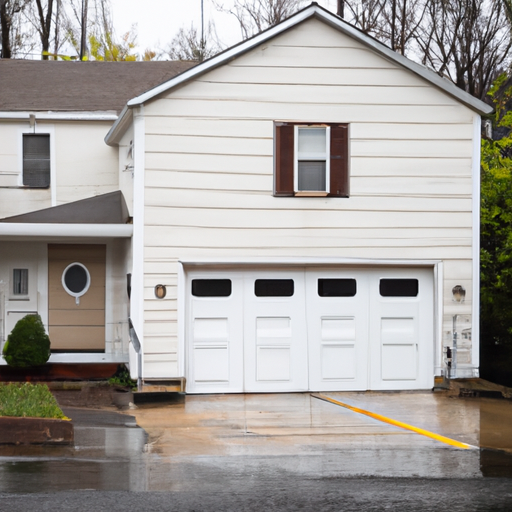 Suburban Teaneck home with a visible sectional garage door and wet driveway on an overcast day.
